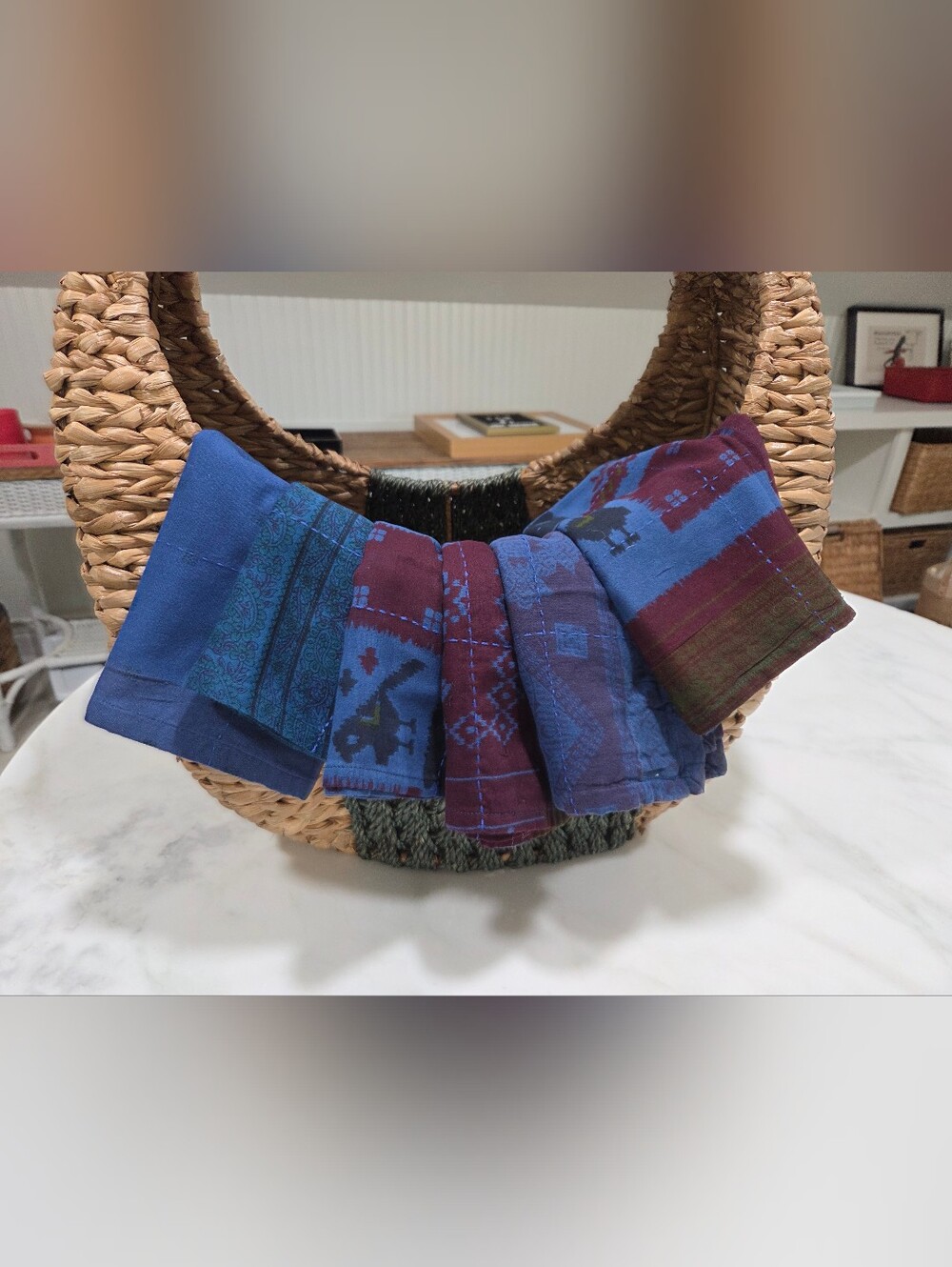 Handsewn Overdyed Artisan Napkin Set - Blue & Burgundy Patterned, 6 Count